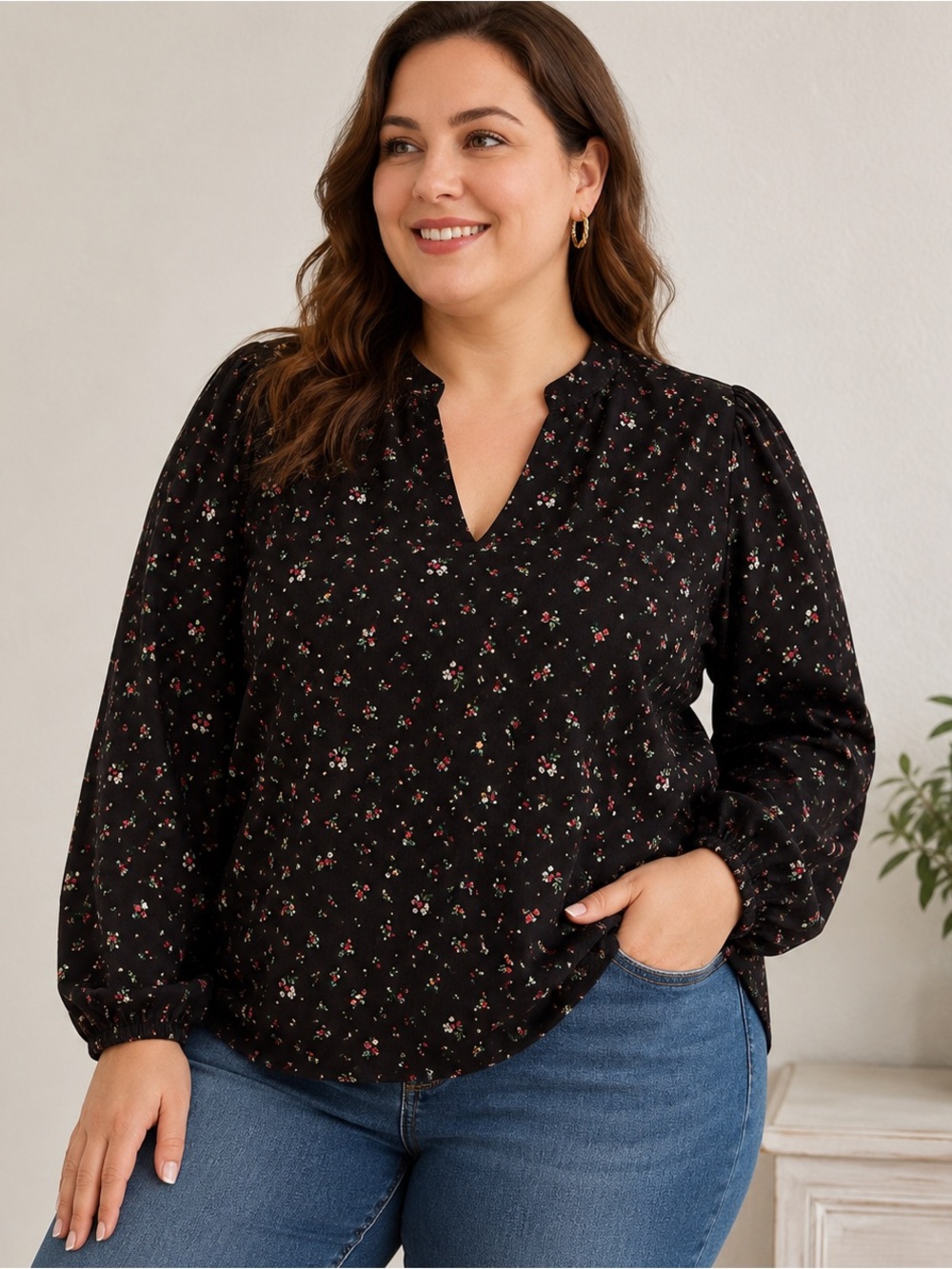 Time and Tru Women’s XXXL 22 Floral Corduroy Blouse Puff Sleeve Cottagecore